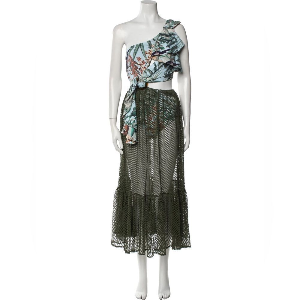 PatBO Tropical Print One-Shoulder Crop & Mesh Skirt Set Swimsuit Size S